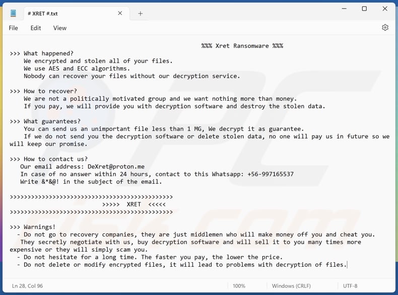 Notatka z żądaniem okupu ransomware Xret (# XRET #.txt)