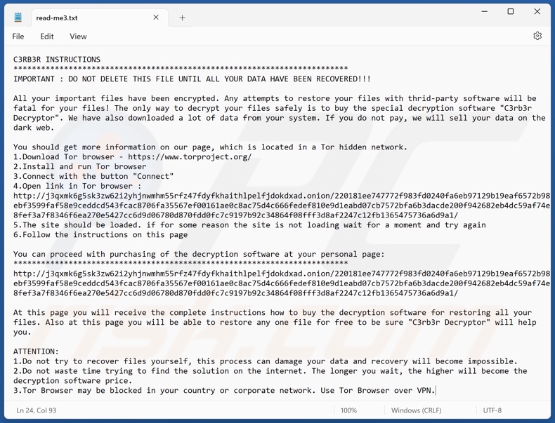 Notatka z żądaniem okupu C3RB3R (read-me3.txt)