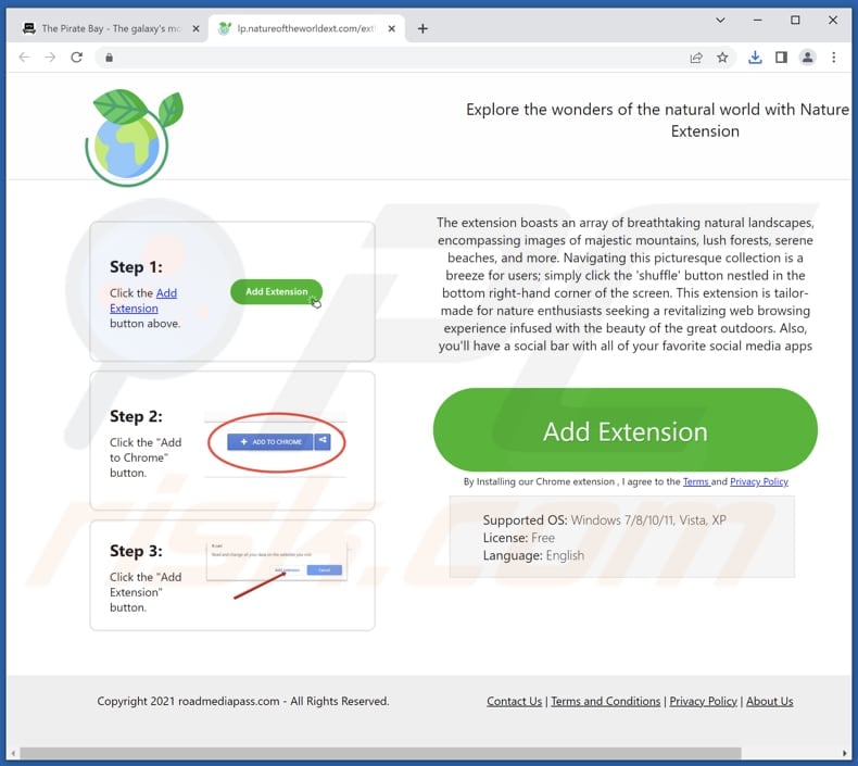 Witryna używana do promowania porywacza przeglądarki Nature Of The World Extension