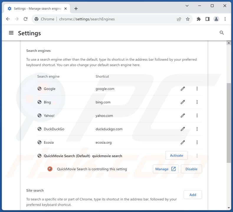 Usuwanie search.quickmovietab.com z domyślnej wyszukiwarki Google Chrome