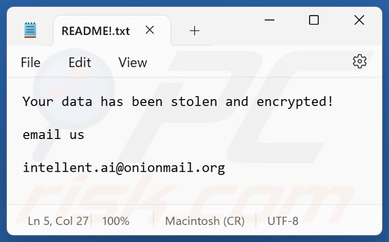 Plik tekstowy ransomware Intel (README!.txt)