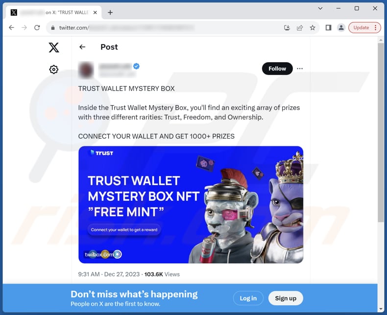 Oszustwo Trust Wallet Mystery Box Wpis na Twitterze (X) promujący to oszustwo