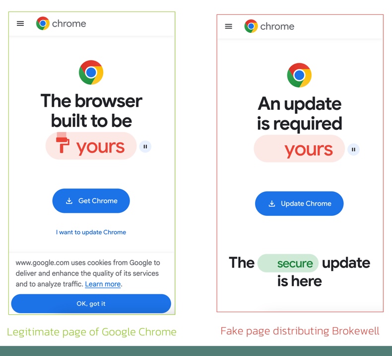 Trojan bankowy Brokewell rozprzestrzeniający aktualizację Chrome (porównanie)