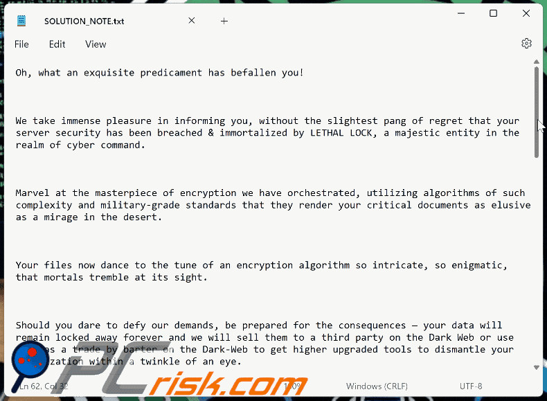 Plik tekstowy ransomware Lethal Lock (SOLUTION_NOTE.txt)