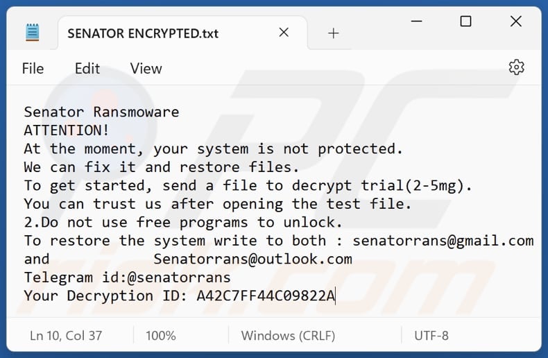 Senator ransomware plik tekstowy (SENATOR ENCRYPTED.txt)