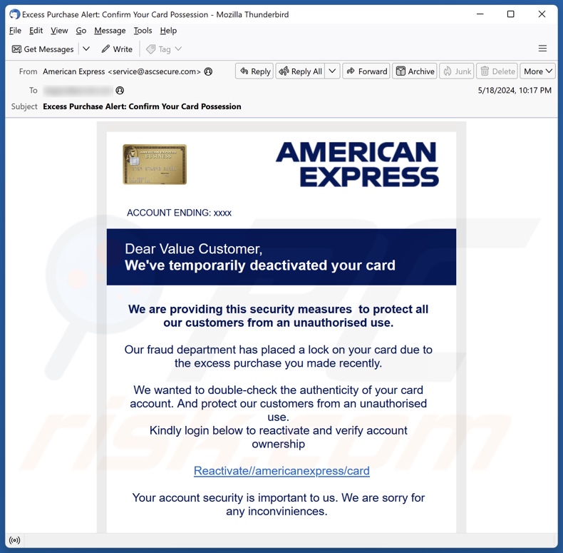 American Express Card Deactivation Kampania spamowa e-mail