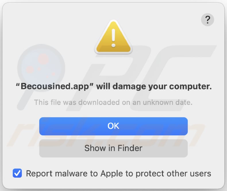 Ostrzeżenie przed instalacją adware Becousined.app