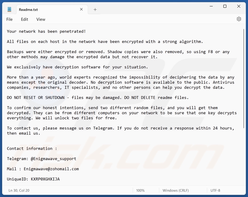 EnigmaWave ransomware okup (Readme.txt)