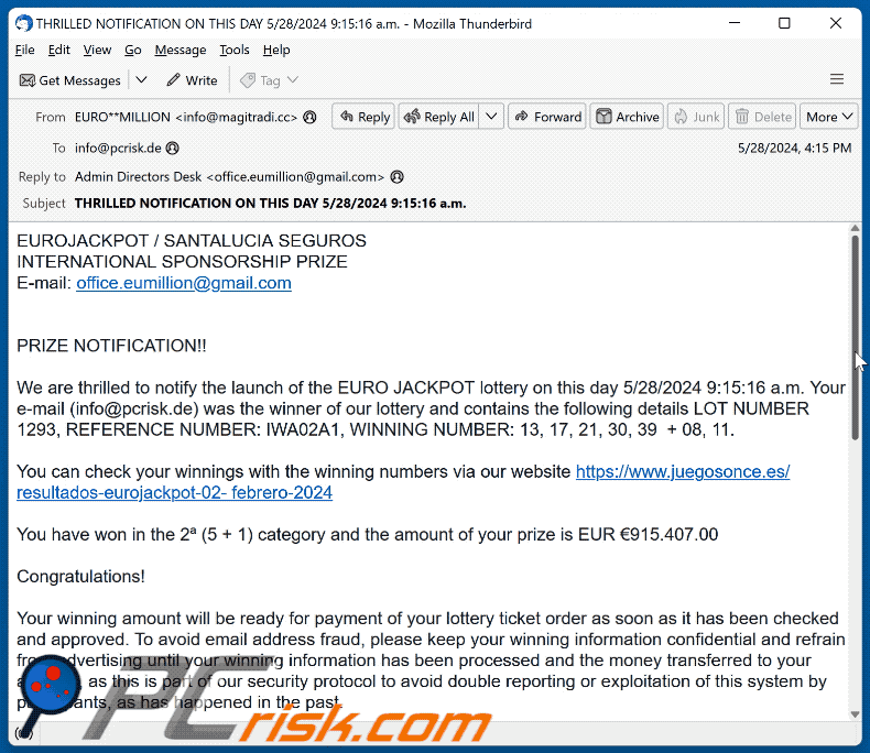 EUROJACKPOT pojawienie się oszukańczej wiadomości e-mail (GIF)