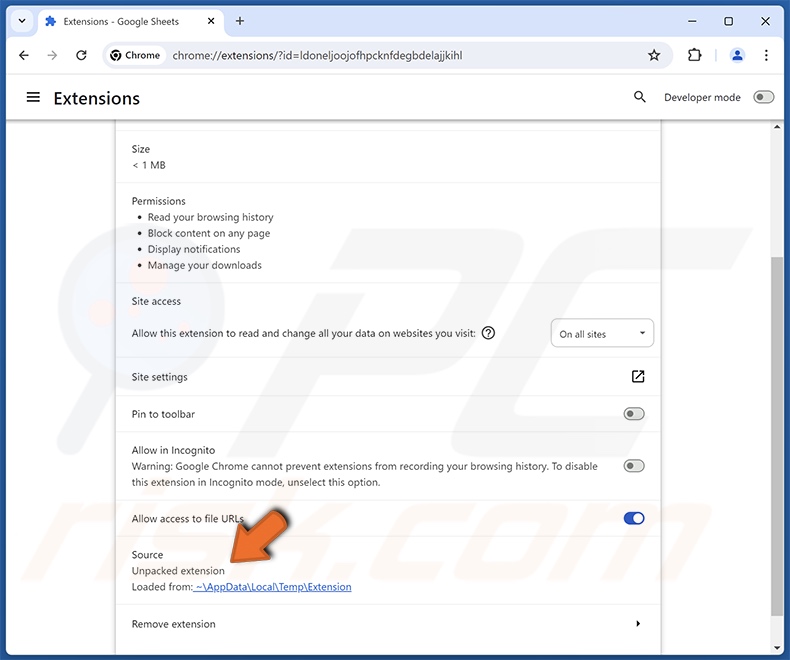 Szczegóły fałszywego rozszerzenia przeglądarki Google Sheets (Chrome)