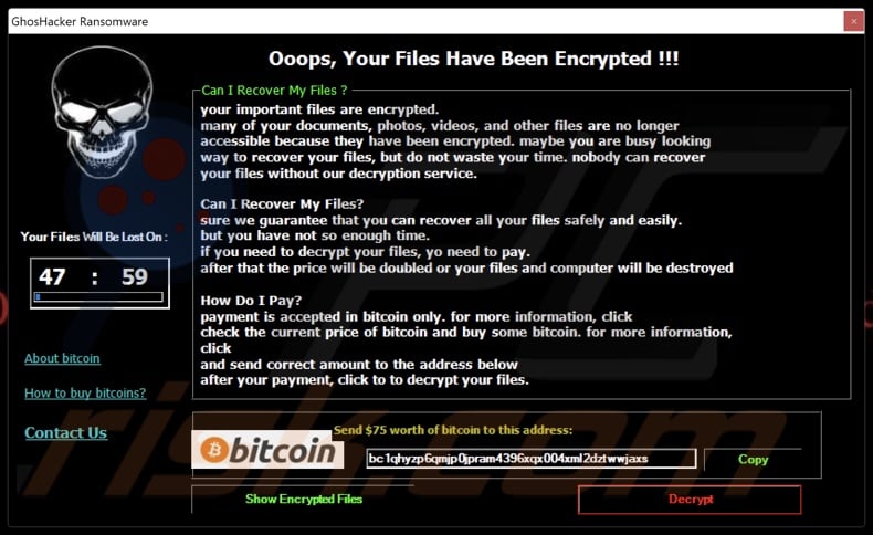 GhosHacker ransomware informacja o okupie (pop-up)