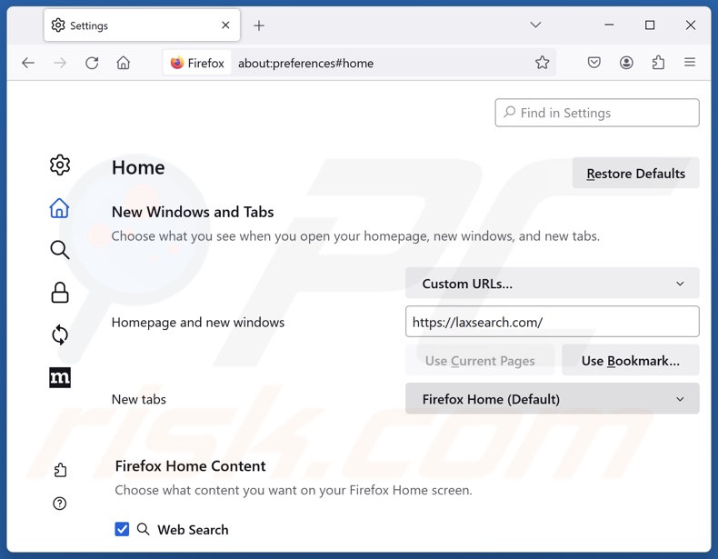Usuwanie laxsearch.com ze strony głównej Mozilla Firefox