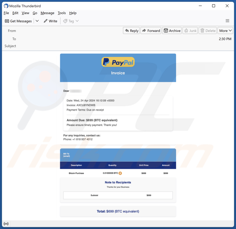 Kampania spamowa PayPal dotycząca faktur zakupu kryptowalut