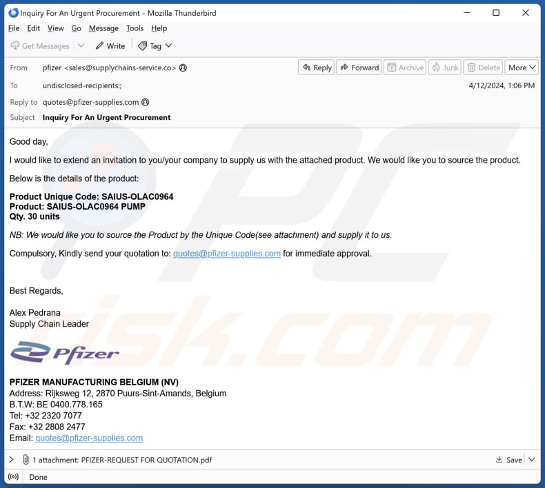 Pfizer Supply Kampania spamowa e-mail