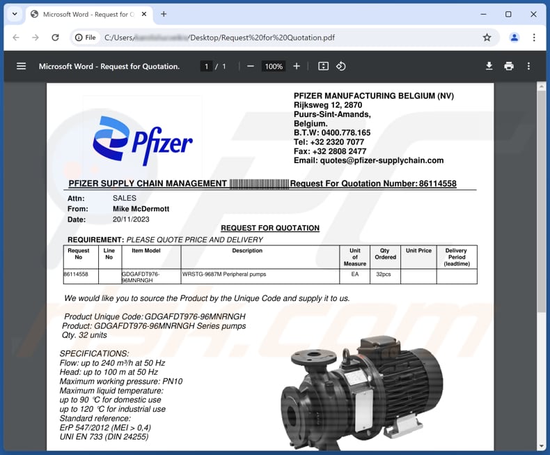 Pfizer Supply Email Scam phishing PDF piąty wariant