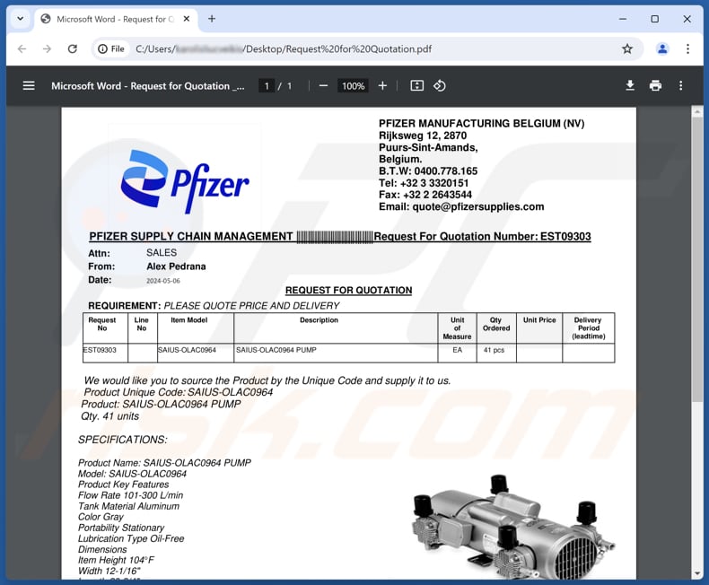 Pfizer Supply Email phishing PDF trzeci wariant