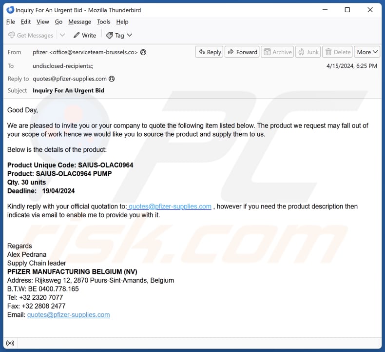 Pfizer Supply Drugi wariant oszustwa e-mail