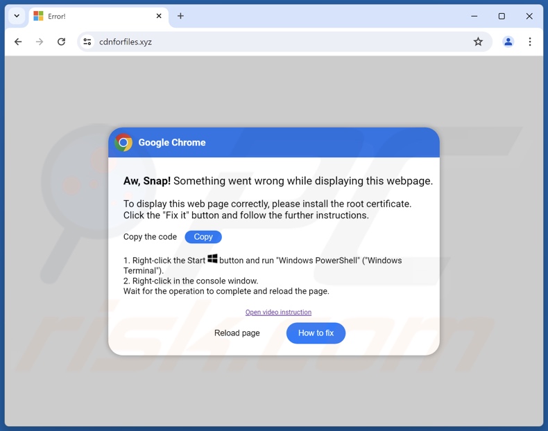 Drugie wyskakujące okienko wyświetlane przez oszustwo Please Install The Root Certificate (GIF)