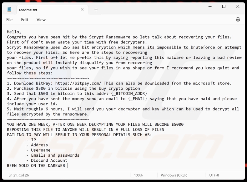 Scrypt ransomware okup (readme.txt)