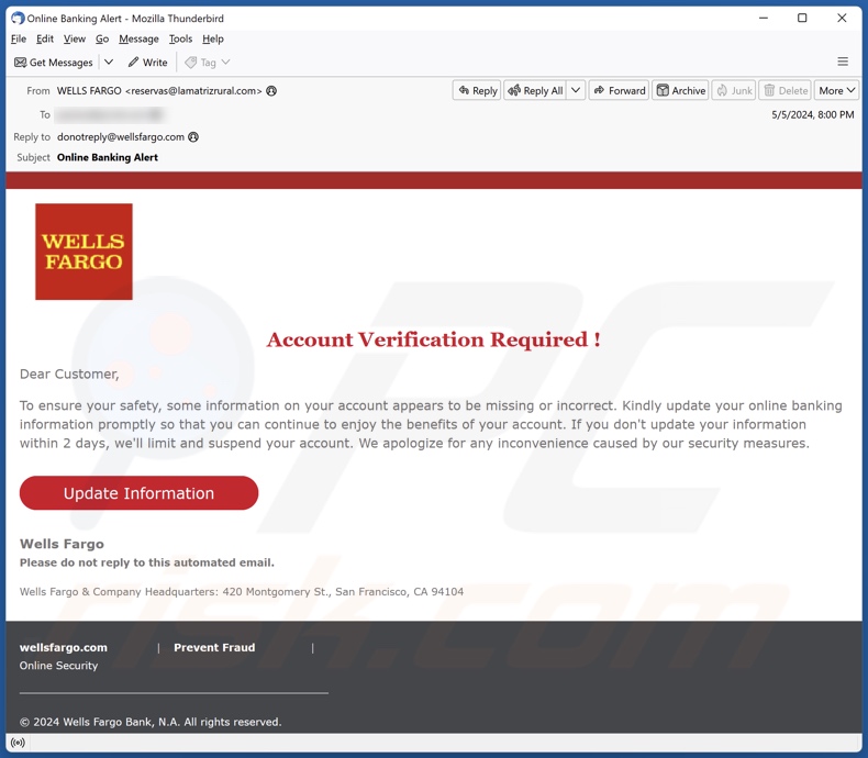 Wells Fargo - Account Verification Required Kampania spamowa e-mail