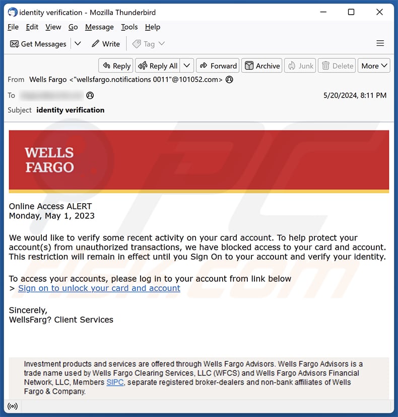 Wells Fargo - Card Activity Verification Kampania spamowa e-mail