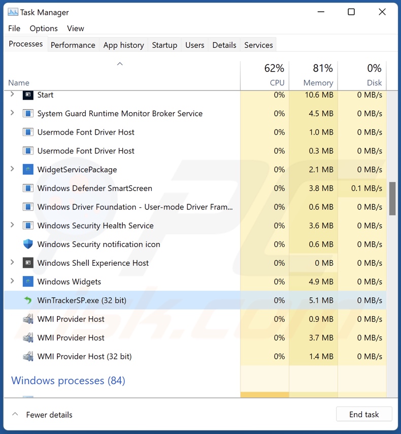 Proces WinTrackerSP PUA w Menedżerze zadań (WinTrackerSP.exe - nazwa procesu)