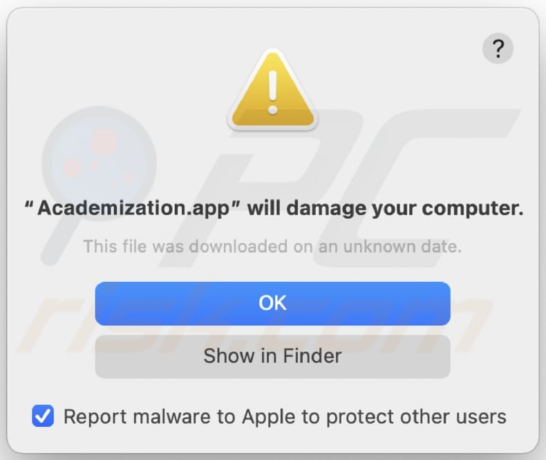 Ostrzeżenie o adware Academization.app