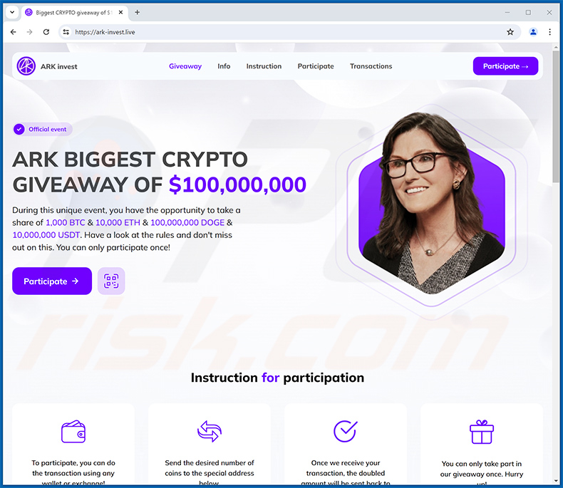 ARK Invest Crypto Giveaway oszustwo - ark-invest[.]live