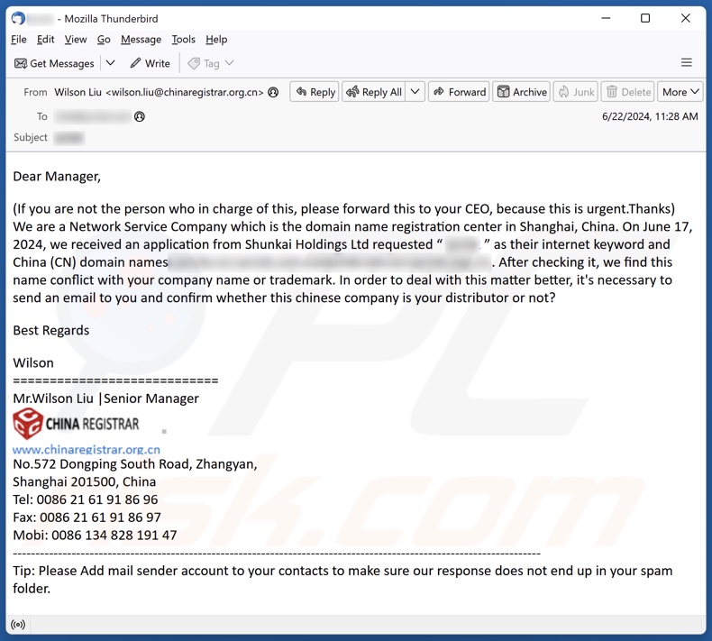 Conflict With Your Company Name Or Trademark Kampania spamowa e-mail