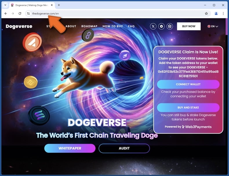 Wygląd prawdziwej strony internetowej Dogeverse (thedogeverse[.]com)