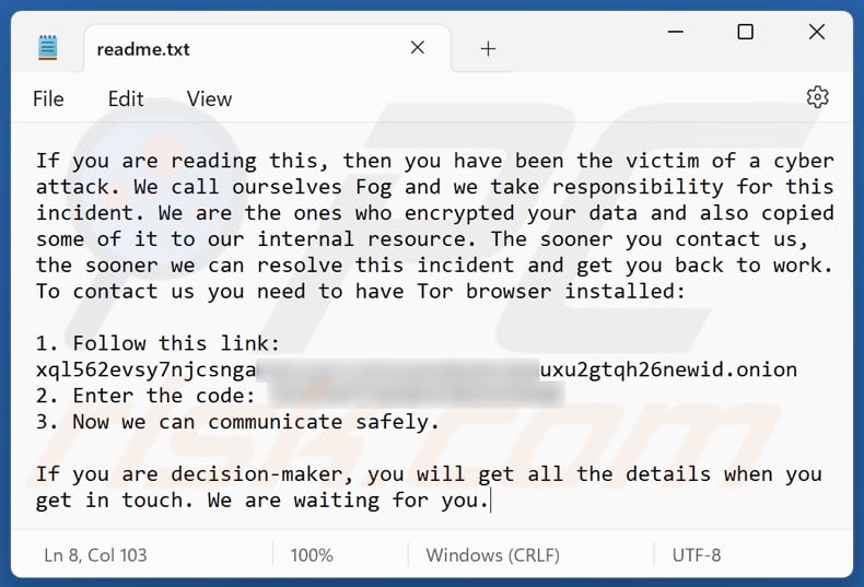 Fog ransomware plik tekstowy (readme.txt)