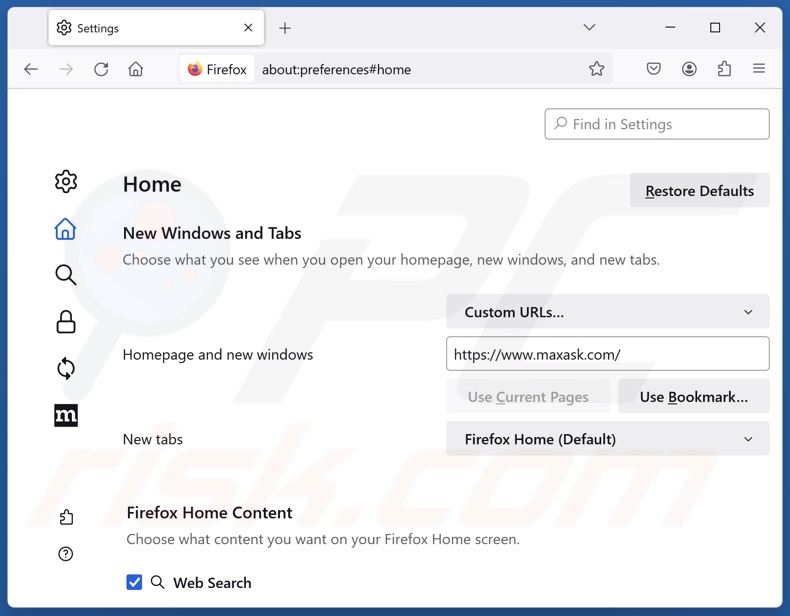 Usuwanie maxask.com ze strony głównej Mozilla Firefox