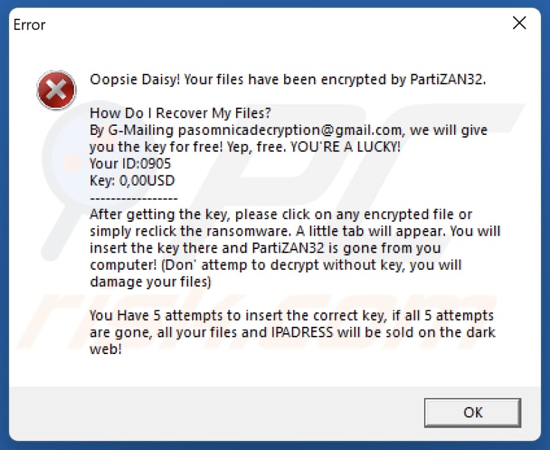 PartiZAN32 ransomware okno błędu