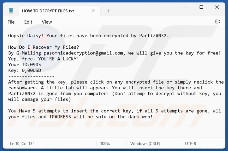 PartiZAN32 ransomware plik tekstowy (HOW TO DECRYPT FILES.txt)