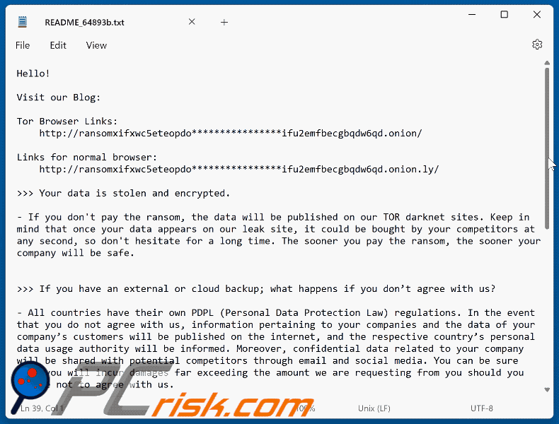 Nota o okupie za oprogramowanie ransomware RansomHub (README_[random_string].txt)