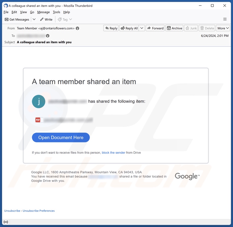 A Team Member Shared An Item Kampania spamowa e-mail