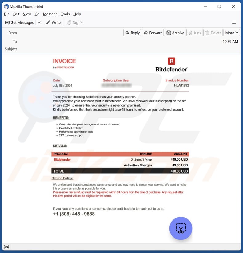 Bitdefender Subscription Renewal Kampania spamowa e-mail