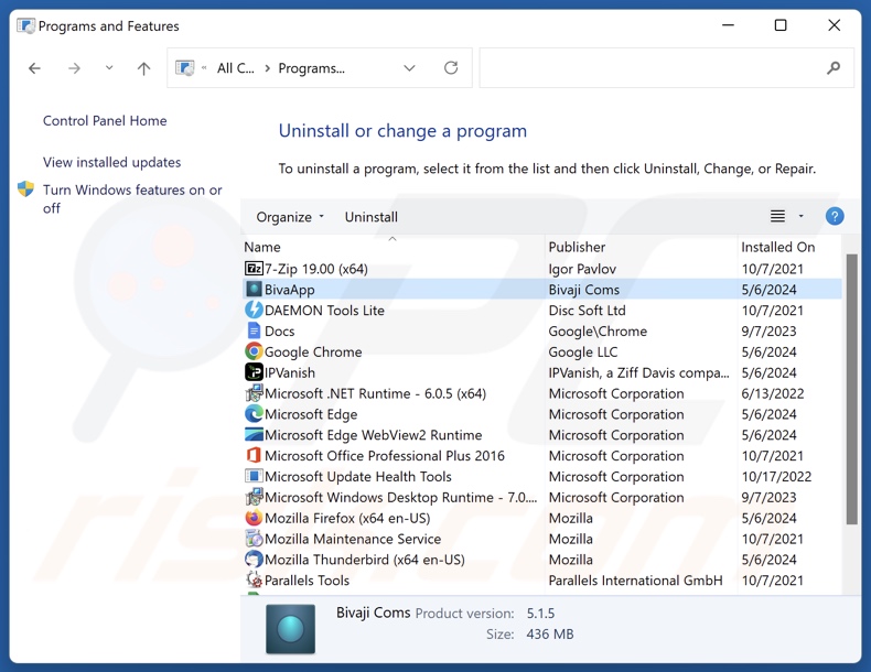 Odinstalowanie BivaApp za pomocą Panelu sterowania
