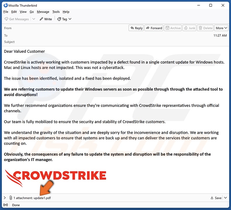 Oszukańczy e-mail CrowdStrike rozprzestrzeniający plik PDF, który rozprzestrzenia wyciek danych