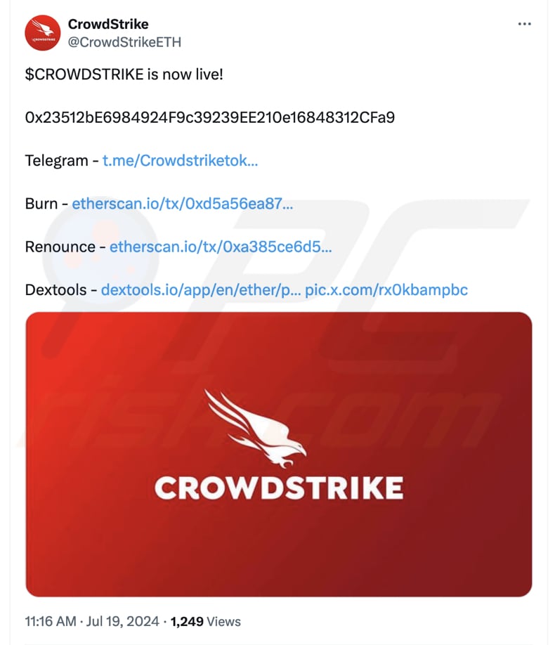 Oszustwo CrowdStrike - tweet promujący token Crowdstrike