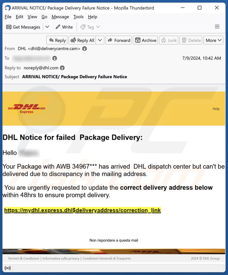 DHL - Notice For Failed Package Delivery Kampania spamowa e-mail