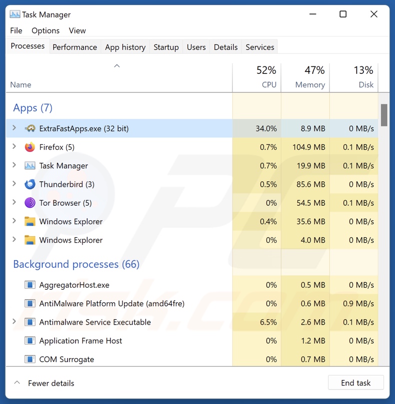 Proces ExtraFastApps PUA w Menedżerze zadań (ExtraFastApps.exe - nazwa procesu)