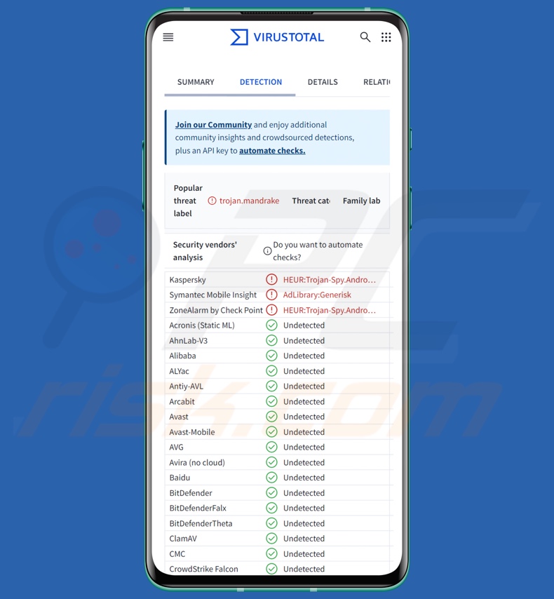 Wykrycia złośliwego oprogramowania Mandrake w serwisie VirusTotal