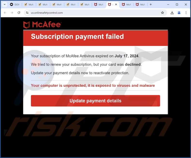 McAfee - Subscription Payment Failed oszustwo