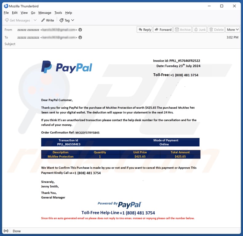 PayPal Order Confirmation Kampania spamowa e-mail