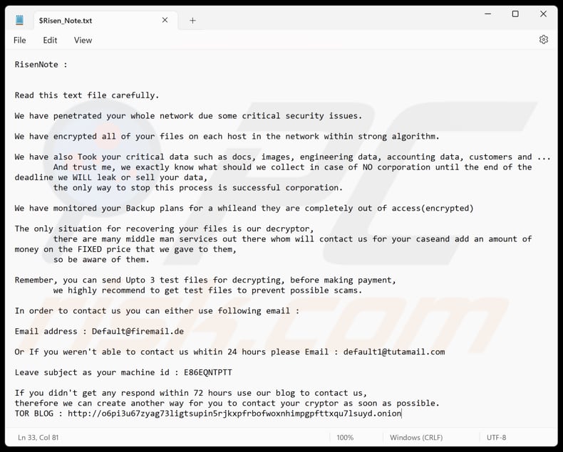 Risen ransomware plik tekstowy ($Risen_Note.txt)