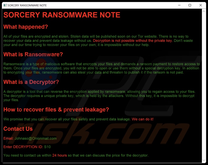 Sorcery ransomware okup (README.hta)