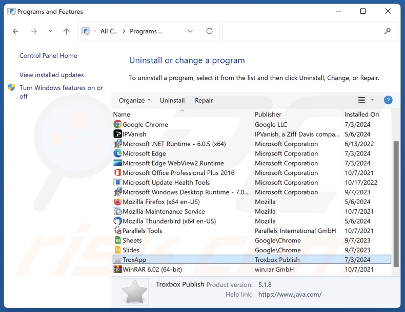 TroxApp uninstall via Control Panel