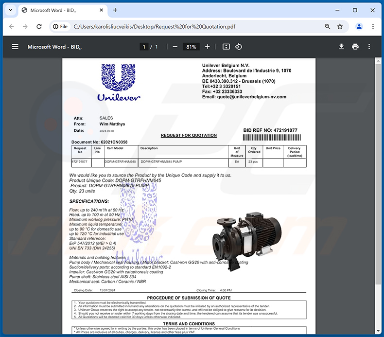 Plik PDF rozpowszechniany za pośrednictwem oszustwa e-mailowego UNILEVER (2024-07-01)