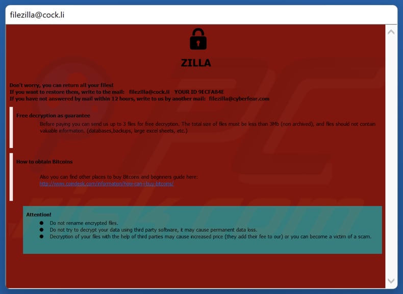 ZILLA ransomware okup (pop-up window)